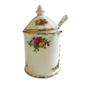 VTG Royal Albert Old Country Roses Mustard Pot Jam Honey w Spoon Bone China 1962